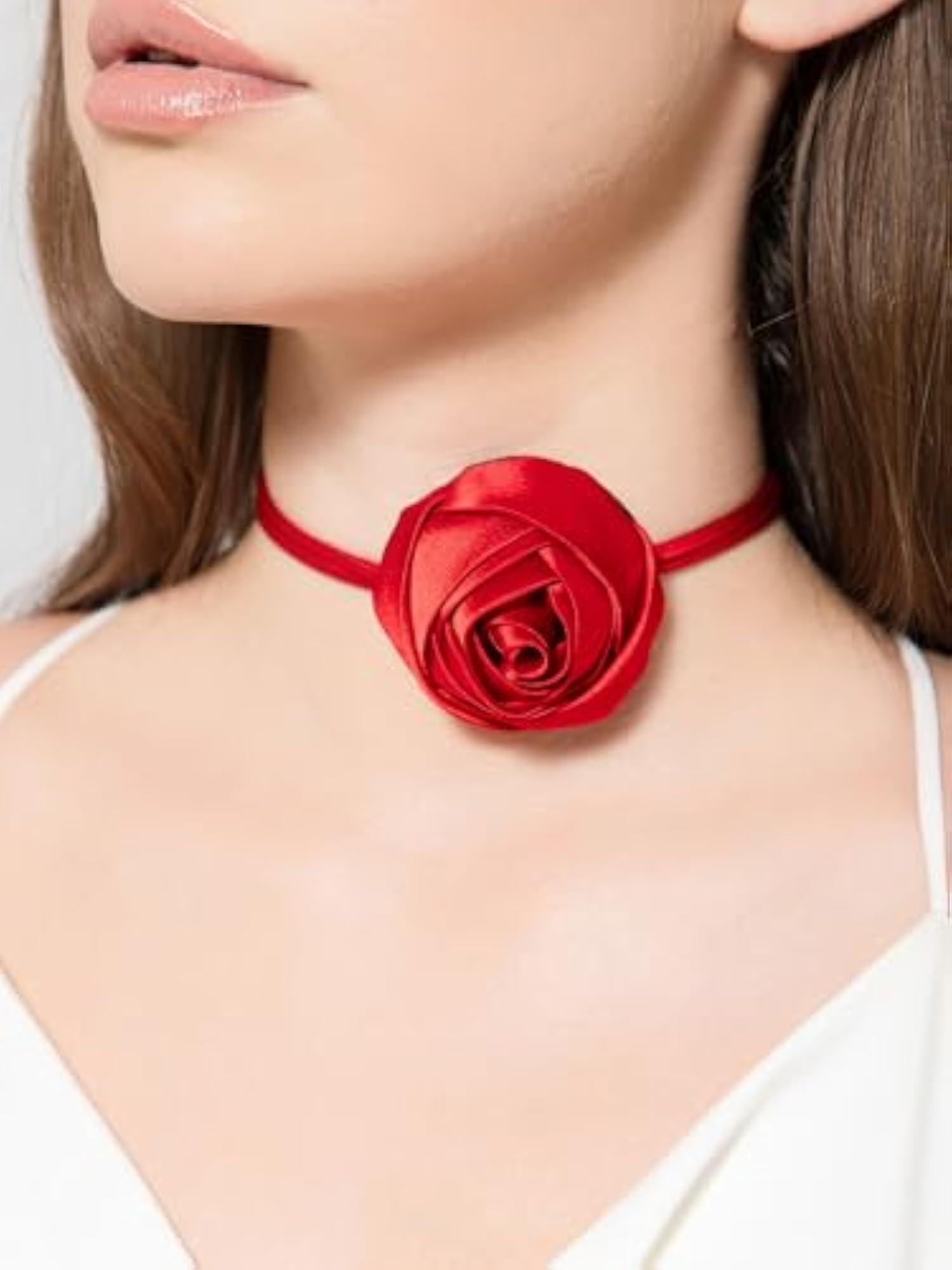 Women's Handcrafted Red Satin Flower Choker Necklace